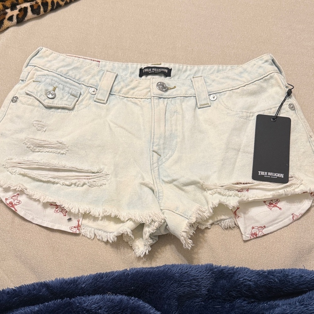 True Religion Women's Light Cream Distressed Jean Shorts